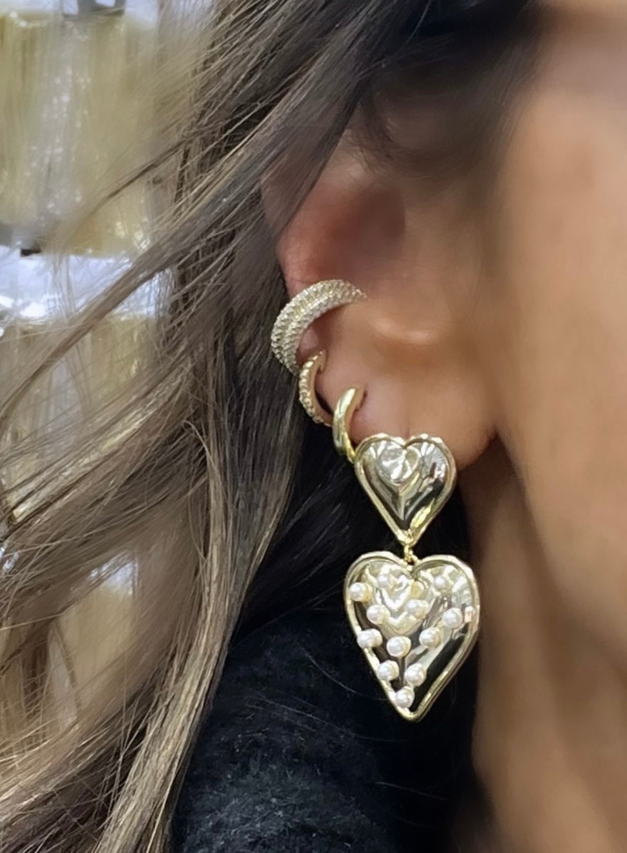 Gold Pearl Puffy Heart Earrings